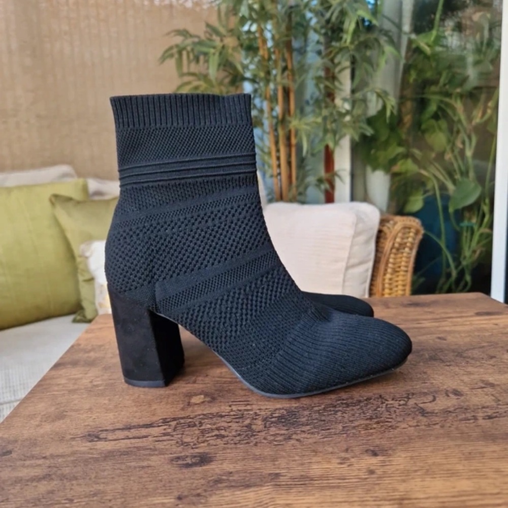 Primark Black Knit Sock Ankle Boots with Block Heel